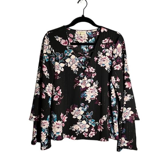 Lily White Black and Purple Floral Flowy Sleeve Blouse Size Large - Picture 1 of 9